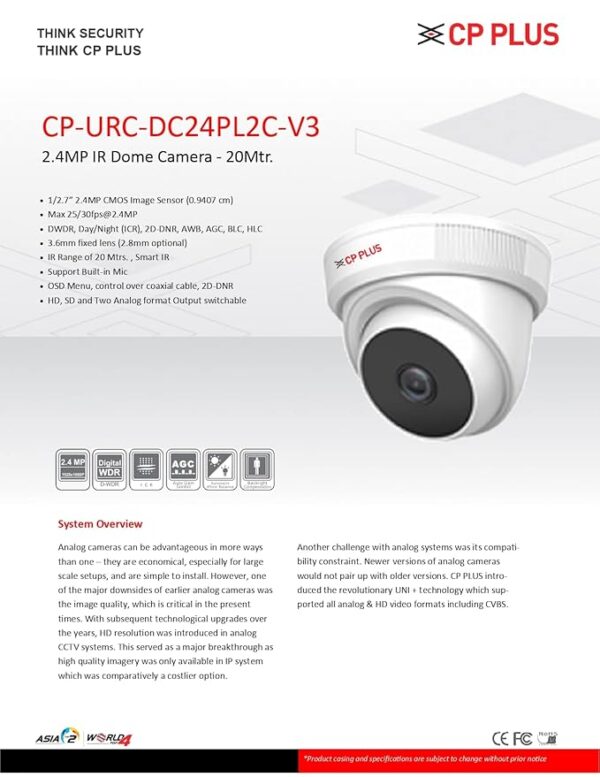 CP PLUS 2.4mp IR Indoor Dome Camera with Support Built in Mic,1080p Full HD Recording CP-URC-DC24PL2C-V3 - Image 5