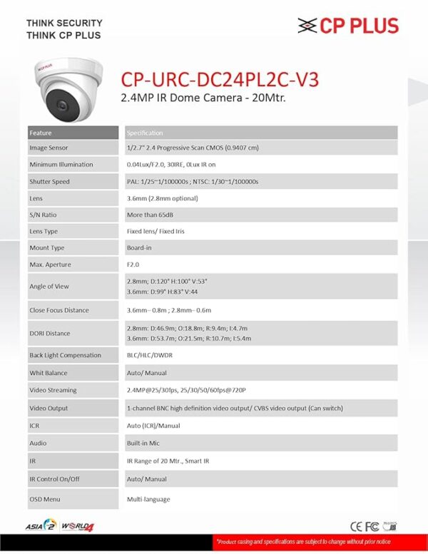 CP PLUS 2.4mp IR Indoor Dome Camera with Support Built in Mic,1080p Full HD Recording CP-URC-DC24PL2C-V3 - Image 4