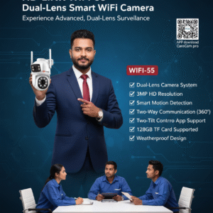 HD-LINK WIFI-55 Dual-Lens Smart WiFi Camera – Fixed + 360° Rotating Lens, 3MP HD, Motion Detection, Two-Way Audio, TF Card & App Support
