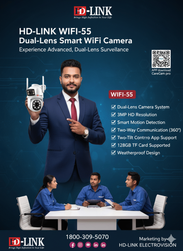 HD-LINK WIFI-55 Dual-Lens Smart WiFi Camera – Fixed + 360° Rotating Lens, 3MP HD, Motion Detection, Two-Way Audio, TF Card & App Support