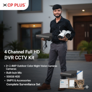 CP PLUS 4 Channel Full HD DVR CCTV Kit with 2× 2.4MP Outdoor Color Night Vision Cameras, Built-in Mic, 500GB HDD, 70M Cable, SMPS & Accessories – Complete Surveillance Set
