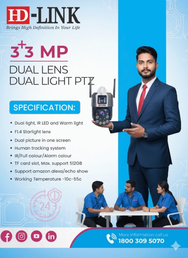 HD-LINK  3+3MP Dual Lens PTZ Smart Camera – Dual Light, Starlight Vision, AI Human Tracking, 512GB TF Support, Alexa Compatible