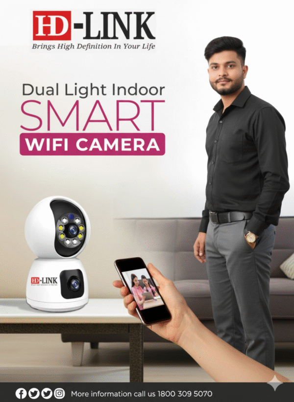 HD-LINK Dual Lens Indoor Smart WiFi Camera – 3MP Fixed + 360° Rotating Lens, Dual Light, Motion Detection, Two-Way Audio, TF Card Support