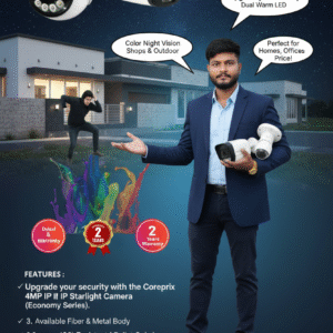 Coreprix 4MP IP Starlight Camera | Fiber & Metal Body | Economy Series with Dual Light & Inbuilt Audio