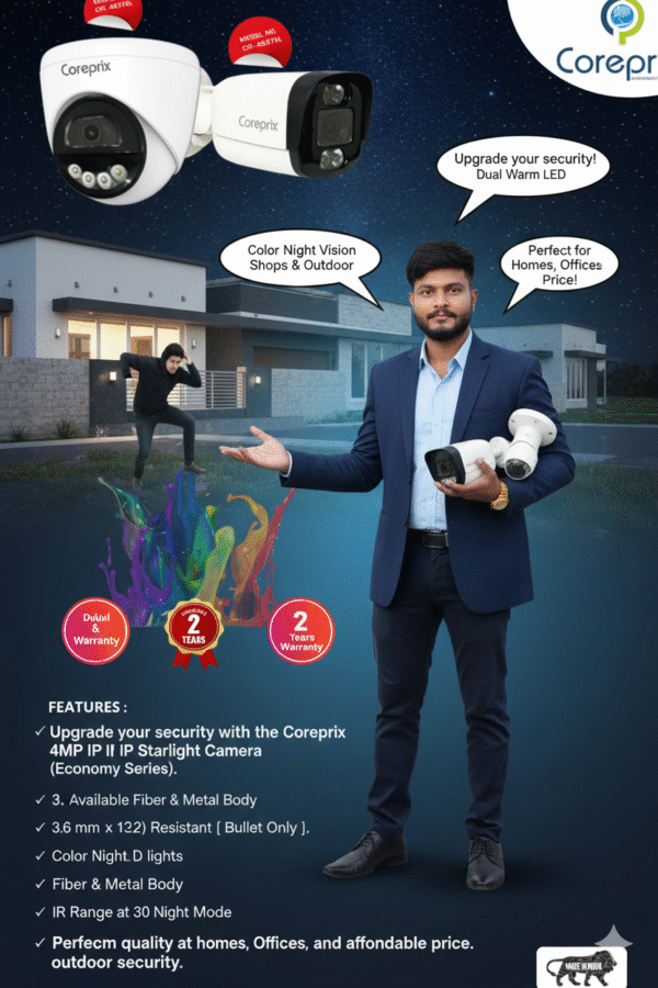 Coreprix 4MP IP Starlight Camera | Fiber & Metal Body | Economy Series with Dual Light & Inbuilt Audio