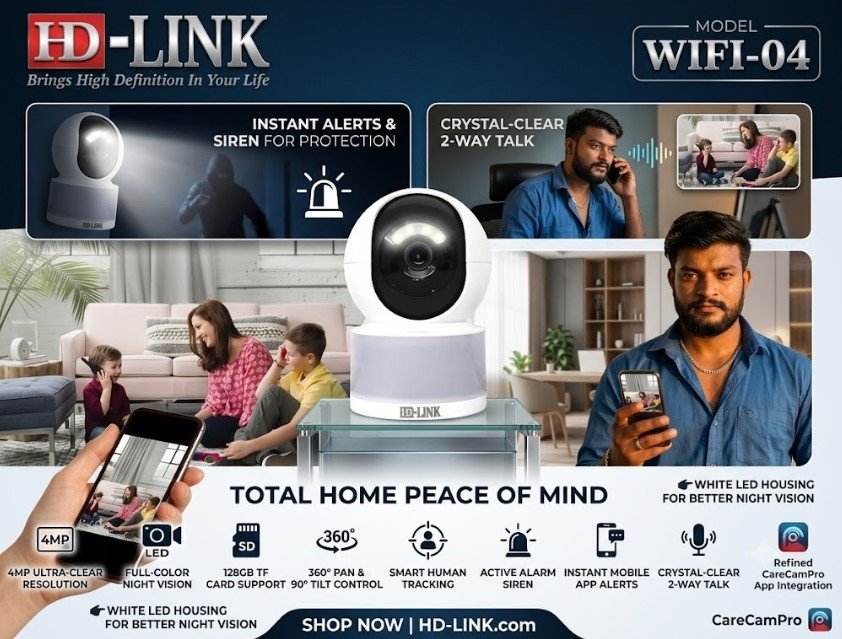 HD-LINK 4MP WiFi Indoor PTZ Camera | 360° Pan 90° Tilt | Colour Night Vision | Human Tracking | Two-Way Talk | Siren Alarm | 128GB SD Card - Image 2