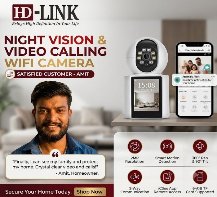 HD-LINK 2MP WiFi Video Calling Camera with Night Vision | Pan Tilt | Motion Detection | 2-Way Audio | ICSee App | 64GB TF Card Support